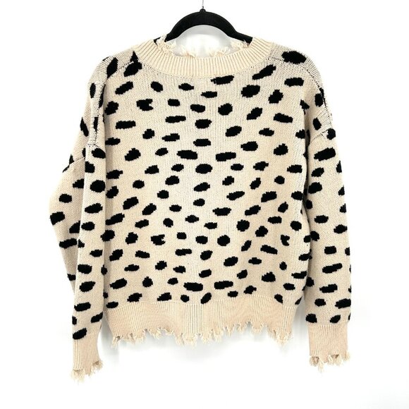 ENTRO Beige Black Spotted Distressed Soft Knit Boxy Pullover Sweater Size Medium - Picture 2 of 9